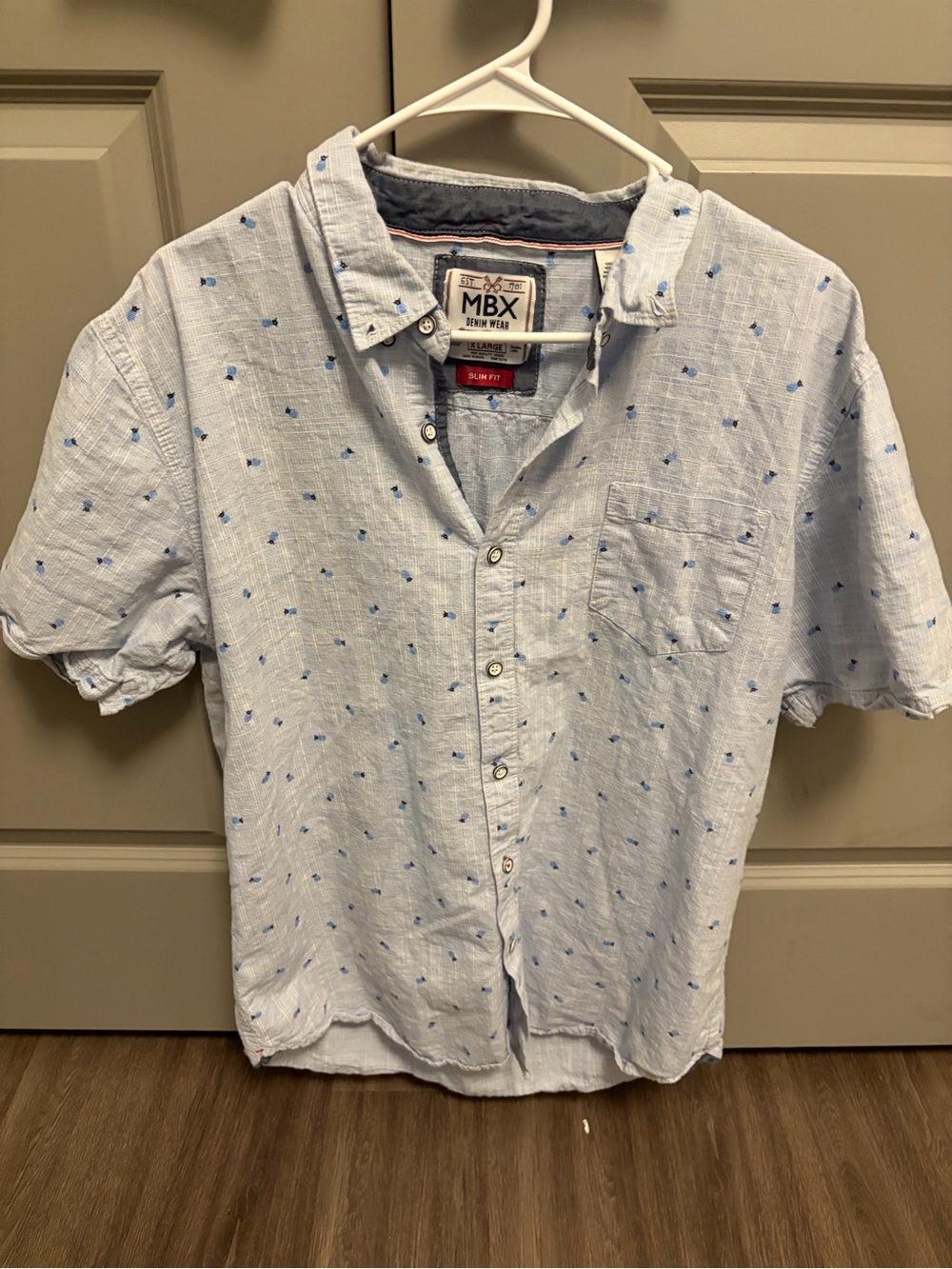 MBX Light Blue Short-Sleeve Button-Down Shirt with Subtle Print